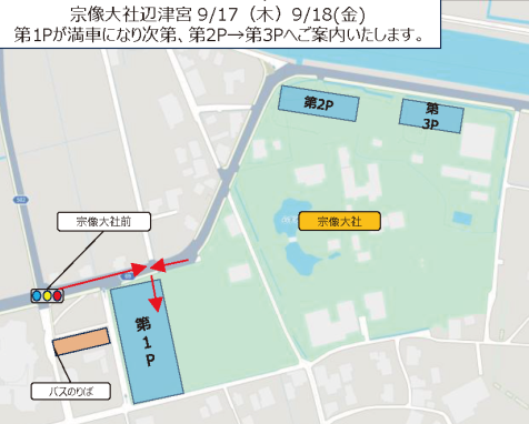 宗像大社辺津宮駐車場の周辺図（第1P・第2P・第3P、バスのりば）